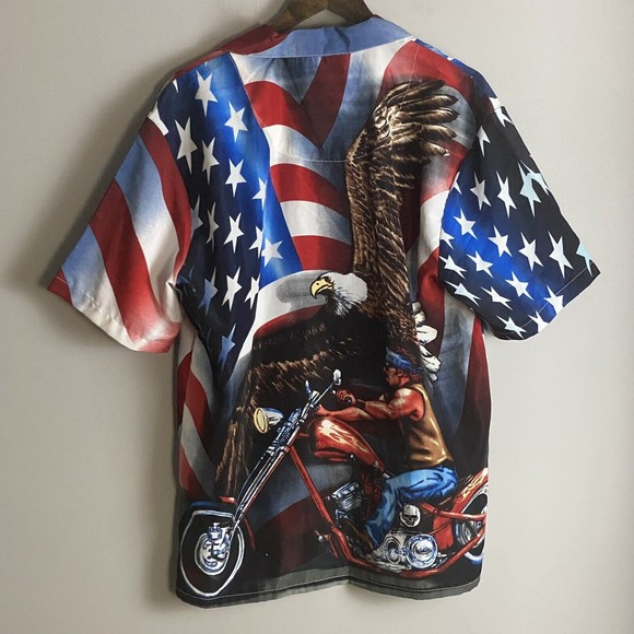 DRAGONFLY ROADHOUSE Mens Red Button Up Short Sleeve Shirt Size M Eagle USA Biker - Picture 7 of 9